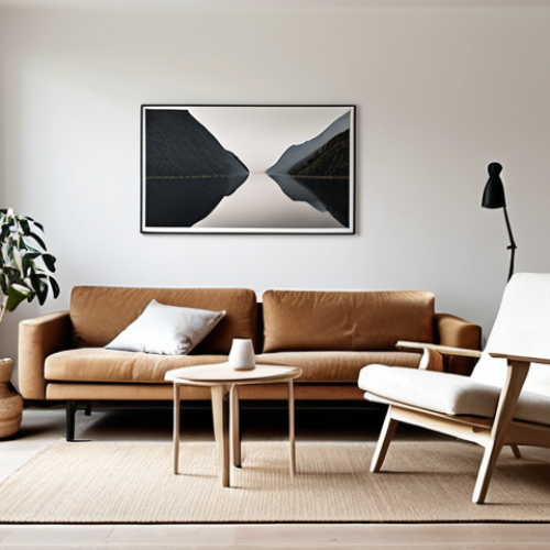 Home 4 **A minimalist living room in the Netherlands.** Natural light fills the space. A few well-chosen pieces of furniture crafted from wood and cotton are present. Neutral colors dominate the scene, creating a serene and uncluttered environment. A person is relaxing, reading a book.
