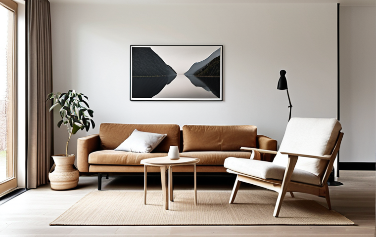 **A minimalist living room in the Netherlands.** Natural light fills the space. A few well-chosen pieces of furniture crafted from wood and cotton are present. Neutral colors dominate the scene, creating a serene and uncluttered environment. A person is relaxing, reading a book.